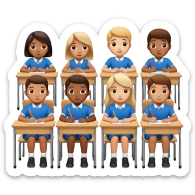 five school children not wearing uniform sitting in a row behind their school desks sticker