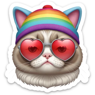 grumpy cat wearing a rainbow beanie and heart-shaped sunglasses sticker