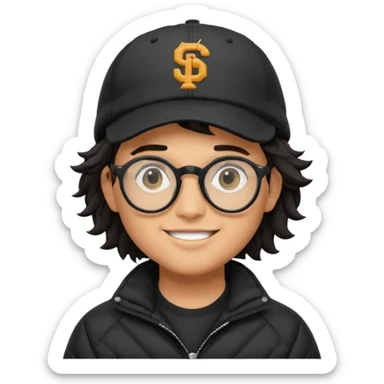 Young man wearing a black puffer jacket, black baseball cap with a small logo, round black glasses, wavy hair peeking out from under the cap, smiling sticker