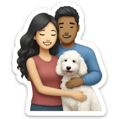 asian couple hugging with a white goldendoodle sticker