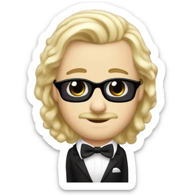 White man long blonde hair wearing a black tuxedo with white bow tie small moustache sticker