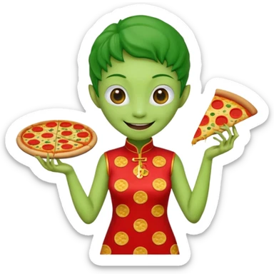 alien, wearing cheongsam, with pizza sticker