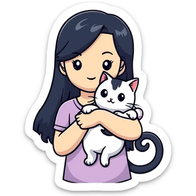 Beautiful girl with long black hair holding a hairless cat sticker