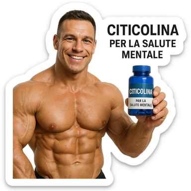 hyper realistic bodybuilder showing blue bottle of Citicolina with smile, defined muscles, text 'Citicolina per la salute mentale', positive atmosphere, white background sticker