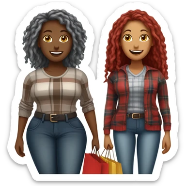 A very Curvy woman with gray locs in pants with shopping bag.  The other very curvy woman is brown with red locs in a skirt with plaid sweater shopping at yardsale sticker
