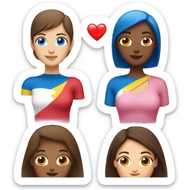 two ladies in love with a heart. the one on the left is a white lady with blue eyes and a brown bob with a pink shirt. the second is a venezuelan lady with brown eyes and dark brown hair with a red dress sticker