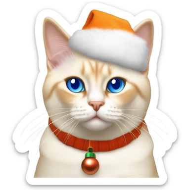 chubby flame point Siamese, white fur with orange accents and blue eyes wearing a Christmas hat ￼ sticker