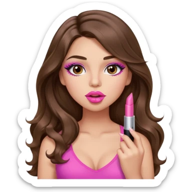 girl with long wavy brown hair, brown eyes, light to medium complexion, in a pink sexy top, pink lips, long lashes, puckered lips, putting on lipstick sticker