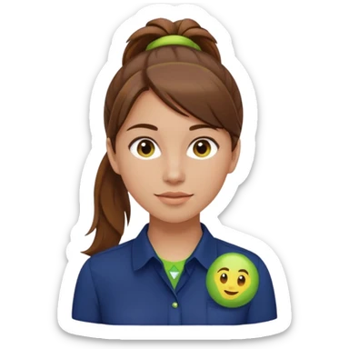 female with brown hair in ponytail, brown eyes, navy blue blouse with lime green Indie Services logo, emoji style sticker