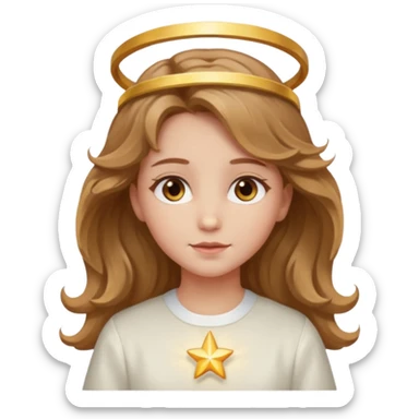 Angel girl with light brown wavy hair and hazel eyes and a halo sticker