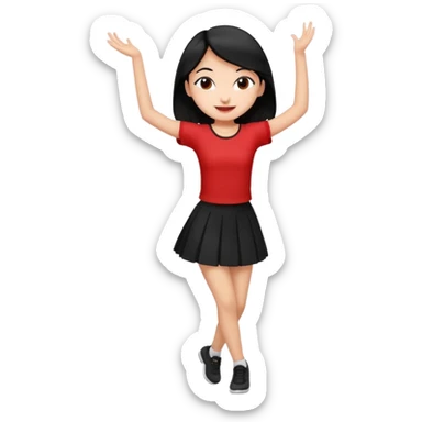 Chicas esbelta con falda corta negra y top rojo,pelo semi largo negro y lacio  super feliz,pero bailando sticker