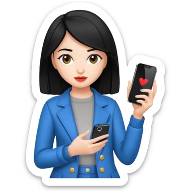 influencer girl black haired, phone in hand, recording herself, confident, trendy, sticker