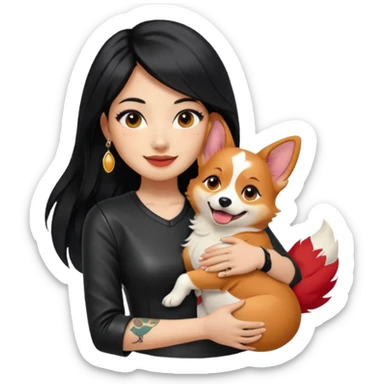expressive emoji of an Asian girl with long black hair and wispy deep-parted side bangs, wearing a black leather dress, gold earrings, false lashes, and a 3/4 sleeve tattoo on her left arm, hugging a happy red head tri-color corgi, simplified, clear, emoji-like sticker