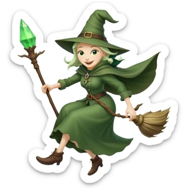 Traditional green old witch flying on a broom emoji sticker