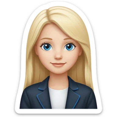 A white girl with long straight blonde hair, blue eyes and a white dress with a smiling black jacket sticker