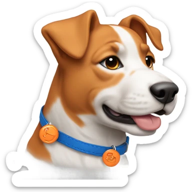 happy cute american stafford with simple blue collar with orange pendant from half side perspective sticker