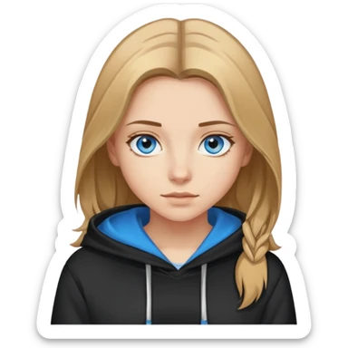 girl with blue eyes, shoulder-length brown hair with blonde highlights, wearing a black hoodie sticker