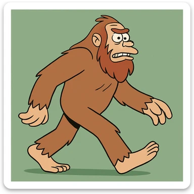 sasquatch striding in profile, cartoon style, exaggerated features, green background sticker