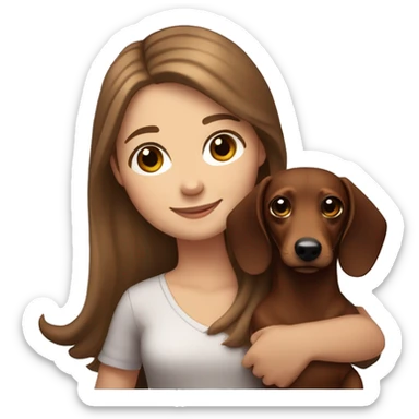 White girl long brown hair smiling and brown eyes with long eyelashes and holding a dachshund  in her arms sticker