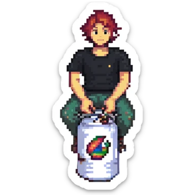 man sitting on a can, can bursting sticker