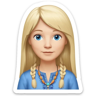 50 yr old white woman, hippie part bangs, very long straight blond hair, oval face, small smile, blue eyes, thin face, hair downback, hair parted at center of head, round cheeks, pale, longer hair, dress shirt sticker
