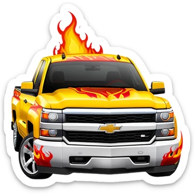 Bright yellow Chevrolet Silverado with bold airbrushed red flame artwork covering entire hood and extending to fenders, authentic Kill Bill custom paint job, 30-degree angle, iOS emoji style sticker