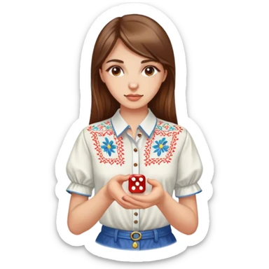 A Ukrainian girl with brown hair in an embroidered shirt holds a dice in her hand sticker