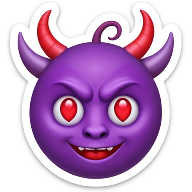 Purple demon emoji with red hearts for eyes, apple emoji, circular head with horns sticker