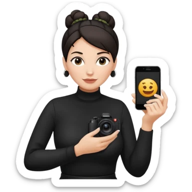 48 year old woman photographer with dark hair in a bun, wearing black clothes sticker