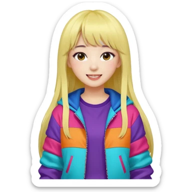 Portrait of a female K-pop idol, wearing a stylish streetwear outfit with layered colorful clothing, long hair with bangs, makeup,  sticker