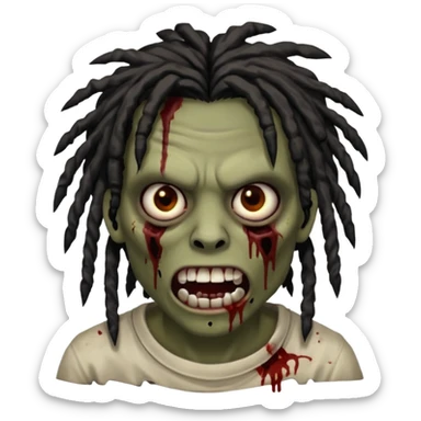 zombie with brown skin, messy black dreads hair, wide centered brown eyes, dark bloody marks under the eyes, and a slightly open mouth showing crooked teeth grillz, giving a distressed, undead look. sticker