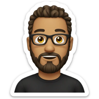 Man with clear glasses and a black tshirt and a man bun and beard sticker