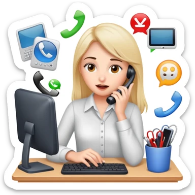 busy girl with a lot of phone calls and work, computer sticker
