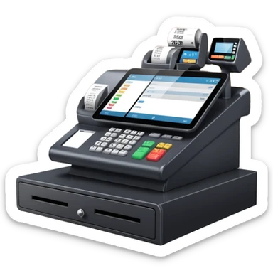 Modern shop cash register on a retail counter, ultra-realistic, 4K, photorealistic POS touchscreen, receipt printing, barcode scanner and card terminal, soft indoor lighting, realistic reflections and shadows, sharp focus, cinematic depth of field, professional photography. sticker