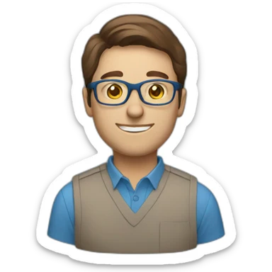 project manager brown hair glasses blue shirt sticker