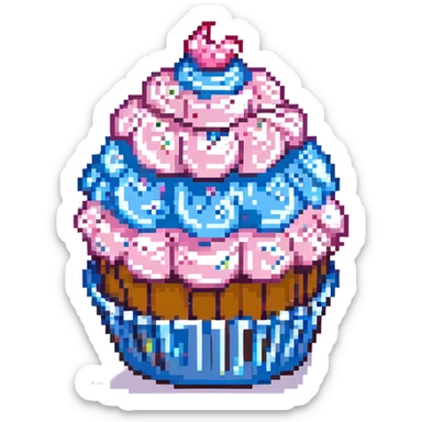 pixel art cupcake with pink icing and a blue wrapper sticker