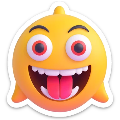 crazy emoji with silly expression, eyes looking in different directions, big open mouth, shiny and colorful, front facing sticker