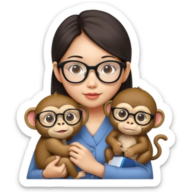 Asian girl wearing glasses with a monkey on shoulder  sticker