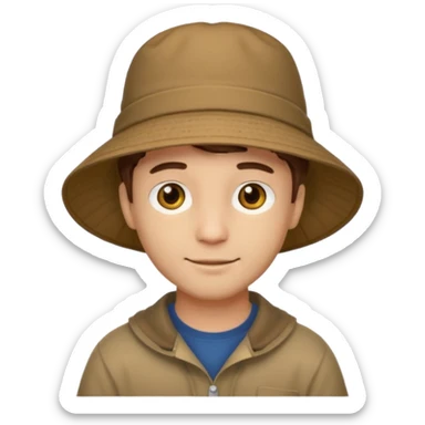 A light-skinned man with short brown hair, golden-brown eyes, and a soft smile, wearing a wide-brimmed brown bucket hat. sticker