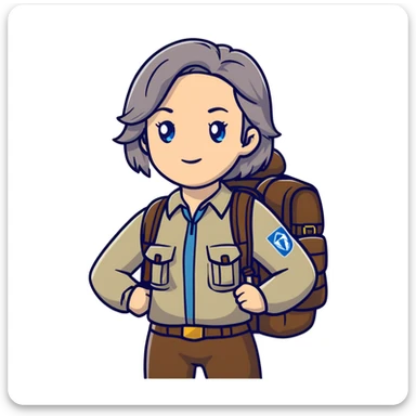 white woman park ranger with blue eyes, brown and gray hair, wearing a backpack, standing in a nature background sticker