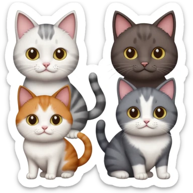 4 different coloured short haired cats including; a dark brown and white cat, and a dark grey and white  sticker