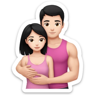 a pretty bratz fair girl. black hair, wearing a pink cami top hugging a handsome fair guy with black hair. lean but muscular who is wearing a black tshirt sticker