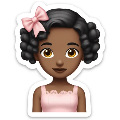 Pale girl with jet black hair , baby pink blush on the cheeks wearing a pink dantelle dress and has a bow ontop of her head  sticker