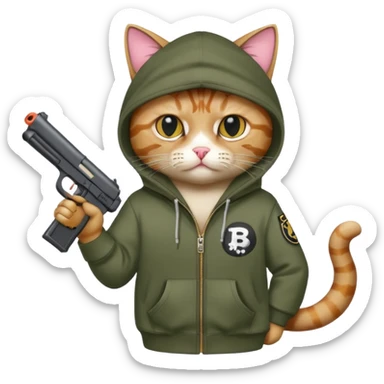 A gangster cat wearing a bape hoodie with a BB gun sticker