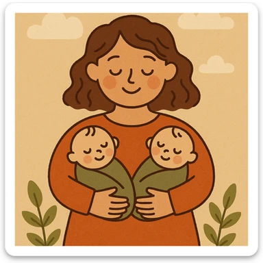 illustration of a mother holding two babies in her arms, soft lines, simple vector graphics, expressive faces, warm color palette, non-realistic drawn style with cartoonish but detailed features, soft shadows and highlights, cozy and loving atmosphere sticker