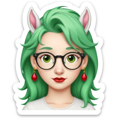white unicorn with green hair and big red earrings looking into camera and spectacle sticker