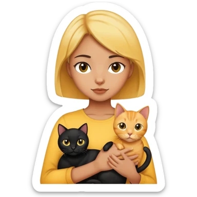 The girl is holding a black cat, a yellow shorthair cat  sticker