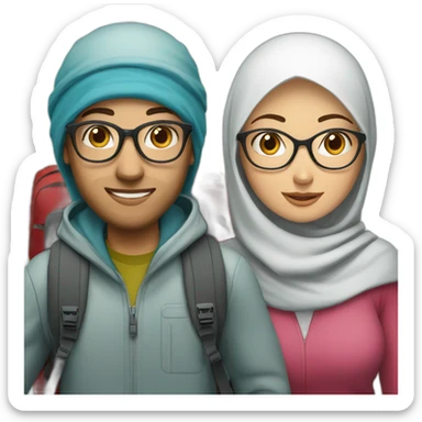 young white man with glasses and woman with hijab, both with backpack for holiday trip sticker