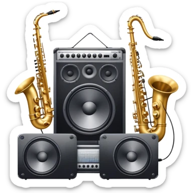 Icon for R&B Music Listening: large concert speakers and headphones with waves of musical notes coming out, along with drums, bass guitar and saxophone. The icon should convey the energetic and rhythmic vibe of R&B music. Transparent background sticker