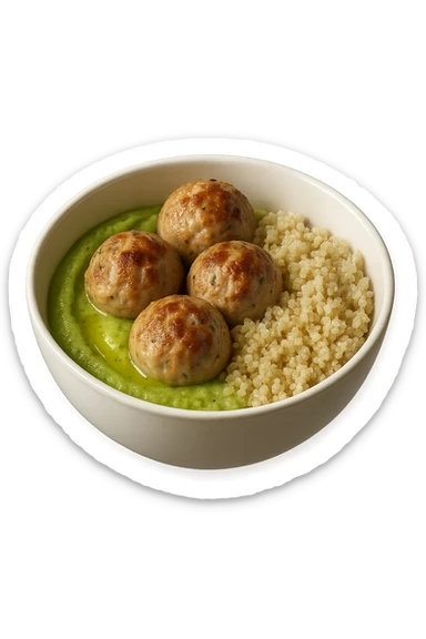 bowl bianca fluttua in aria con polpette di tacchino, purè di zucchine, quinoa e olio di oliva, iperrealistico 4k sticker